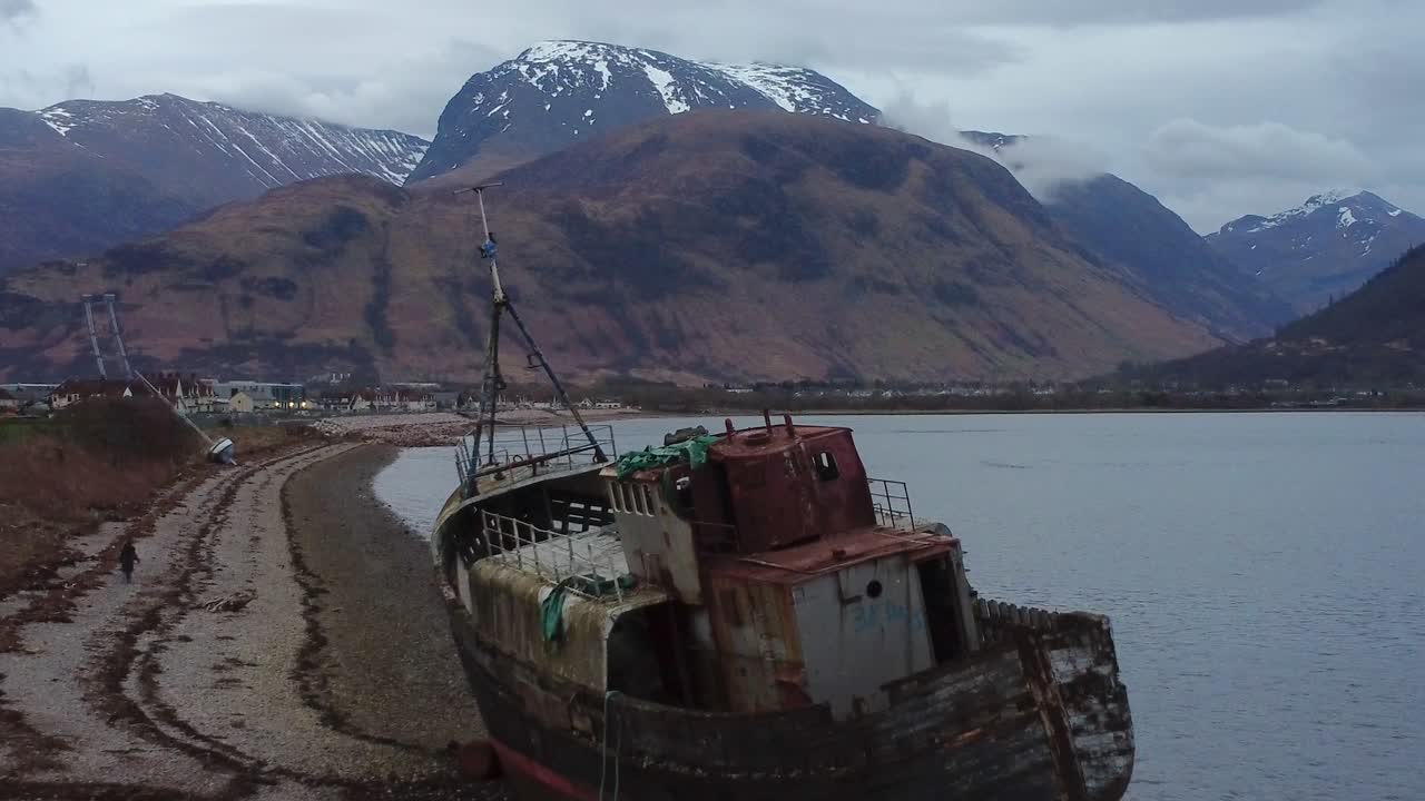 An aerial drone video of the Old Boat of Corpach at Fort William with the UK's highest peak, Nevis in the background
