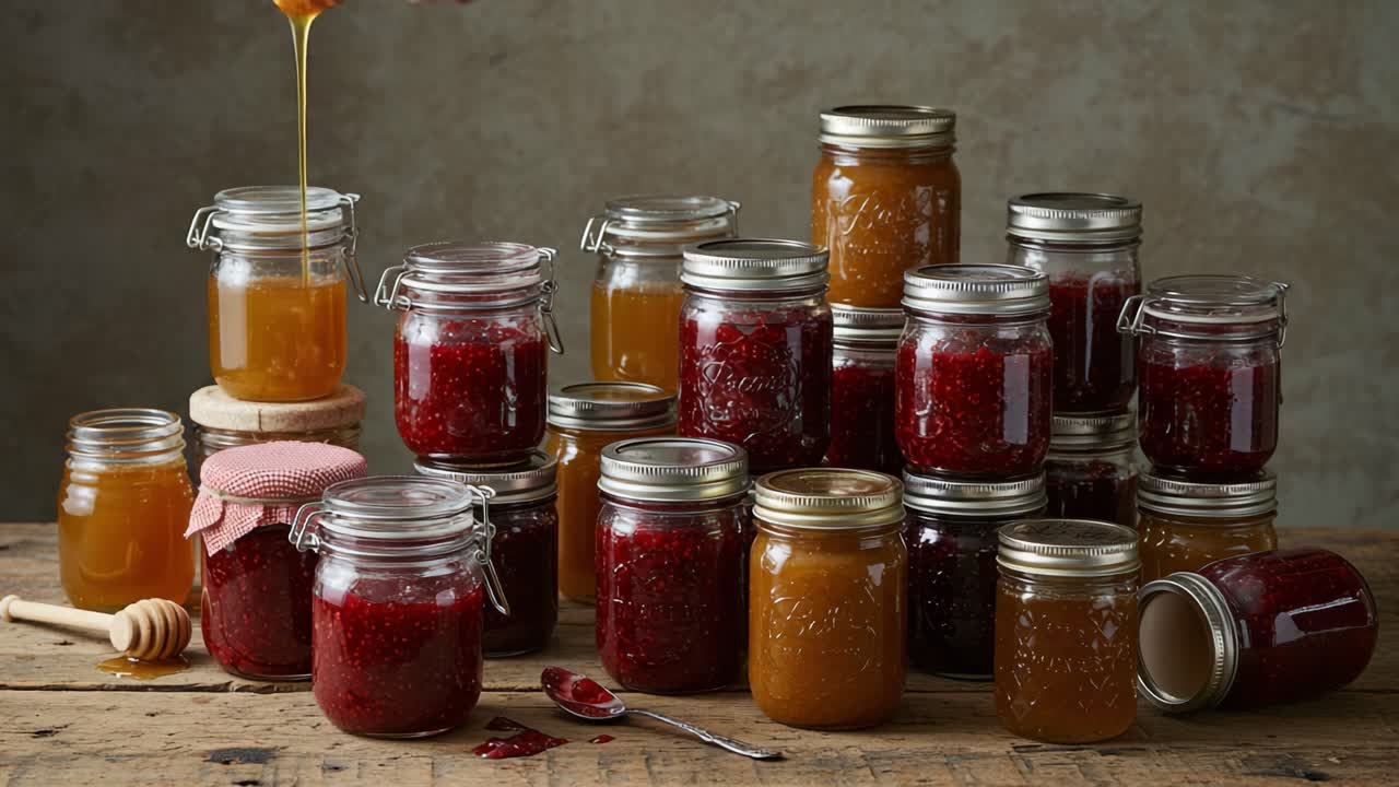 A Collection of Colorful Homemade Jams and Jellies Displayed in Glass Jars, Highlighting the Art of Preserving Fruits and the Joy of Homemade Delicacies