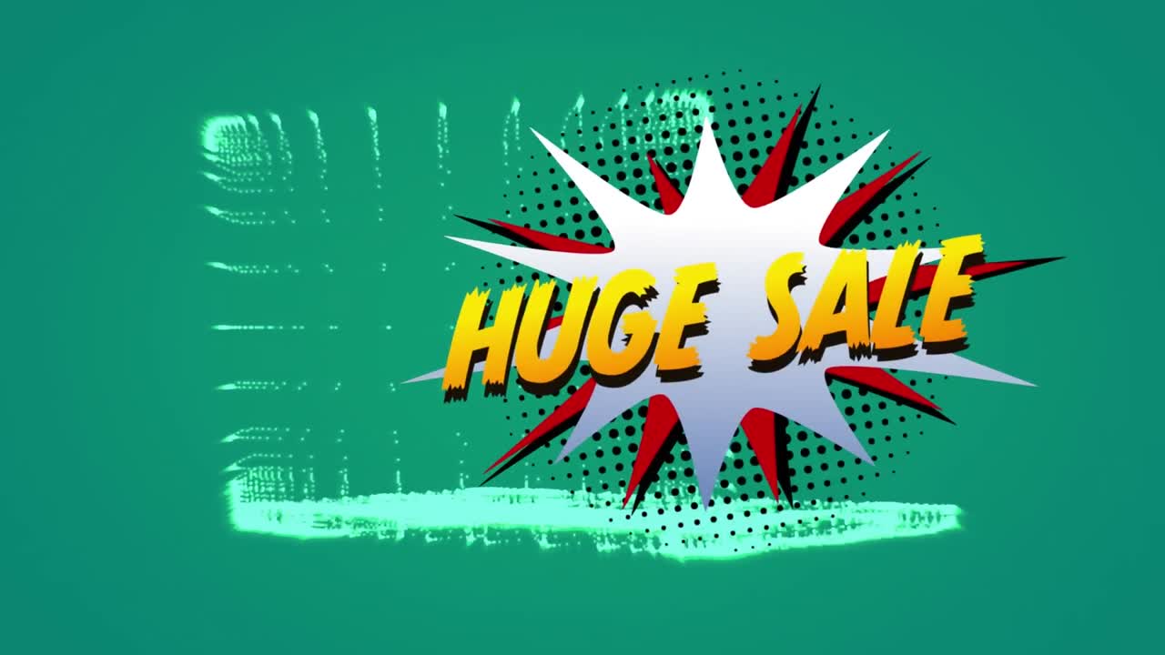 녹색 배경에 회전하는 3d 노트북 모델에 대한 레트로 연설 거품에 대한 거대한 판매 텍스트