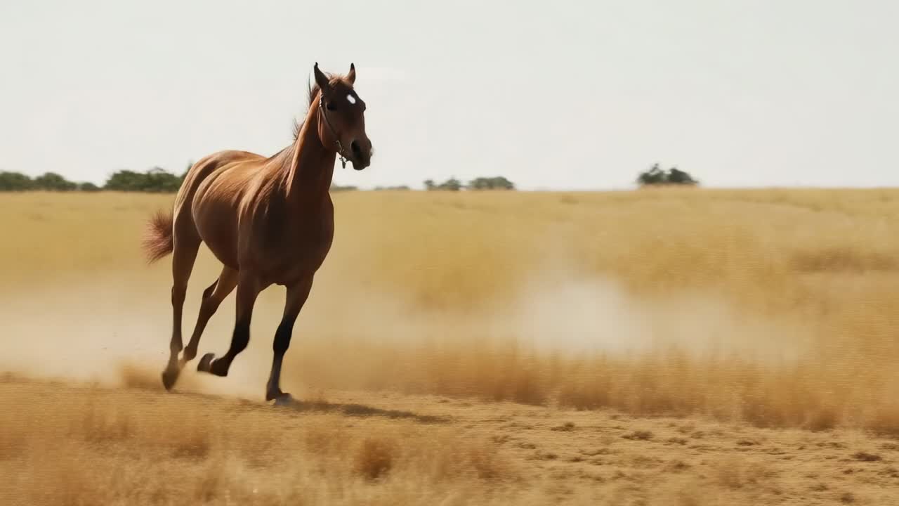 Galopperende kastanjebrun hest, der accelererer hen over åben, tør græsmark, iført grime og sparker støv op