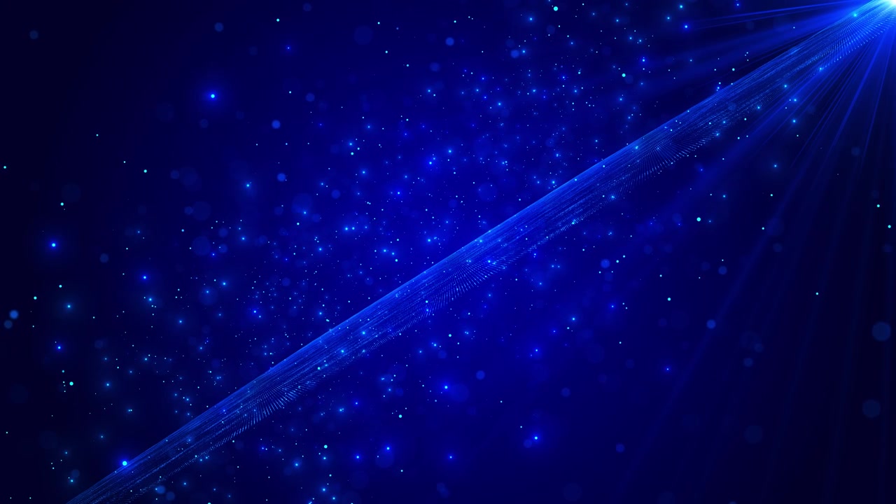 青い斜めの光線背景、輝く粒子フィールド、深宇宙のトーン、明るい上部のフレア