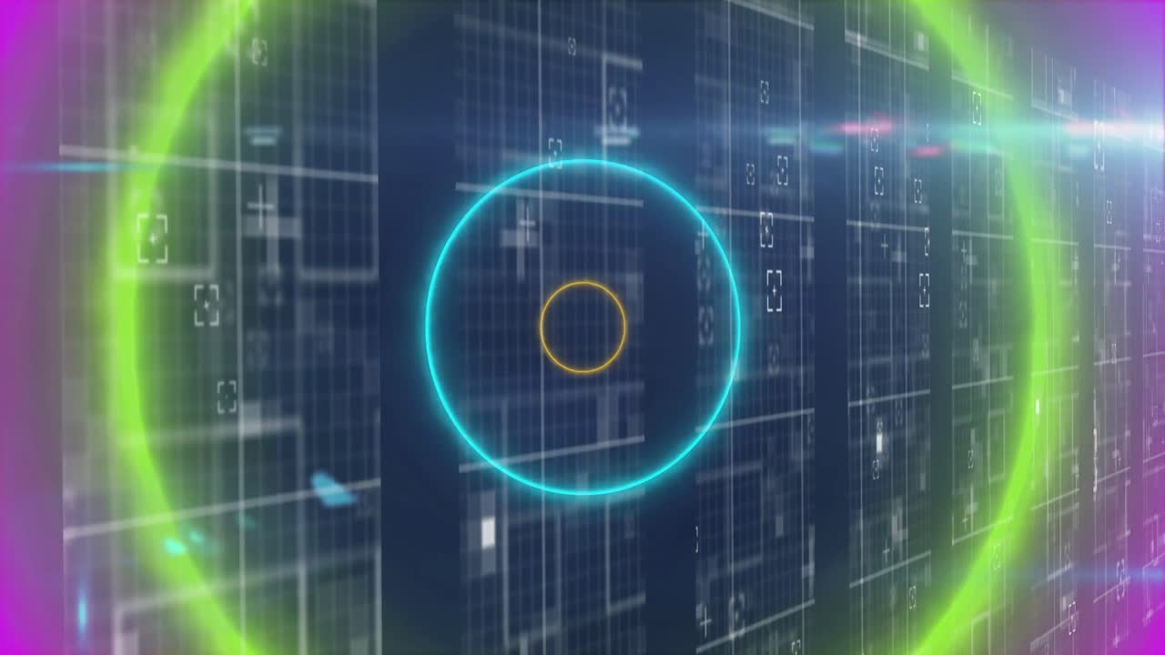 Animation of neon circles over data processing on navy background