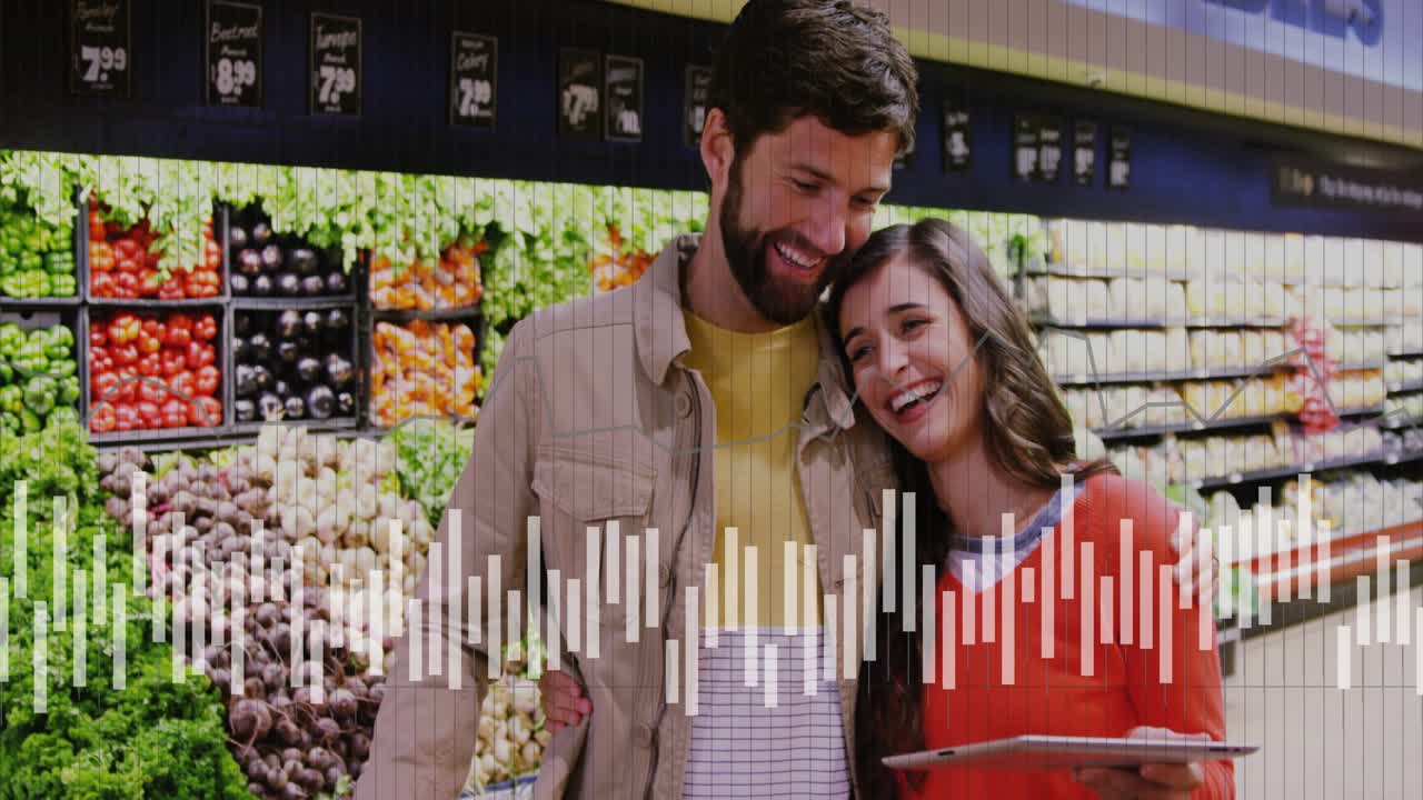 Woman pointing tablet man leaning closer pair choosing grocery produce while waveform showing items