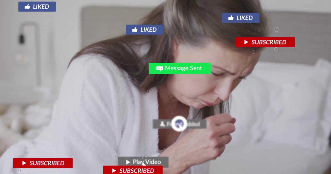 Mature unwell woman coughing into hand on bed, health app alerts appearing then fading around her