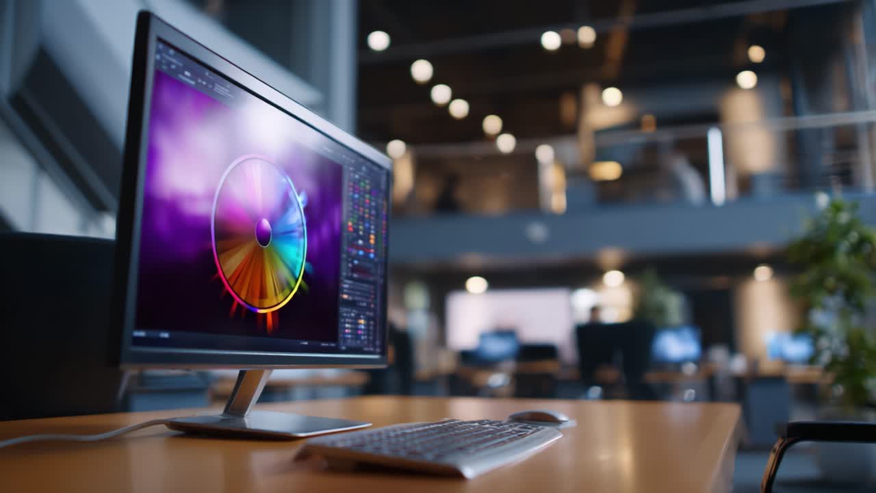En farverig farvecirkel vises på en computerskærm i et moderne kontormiljø, der viser digitalt design og kreative teknologiske innovationer.