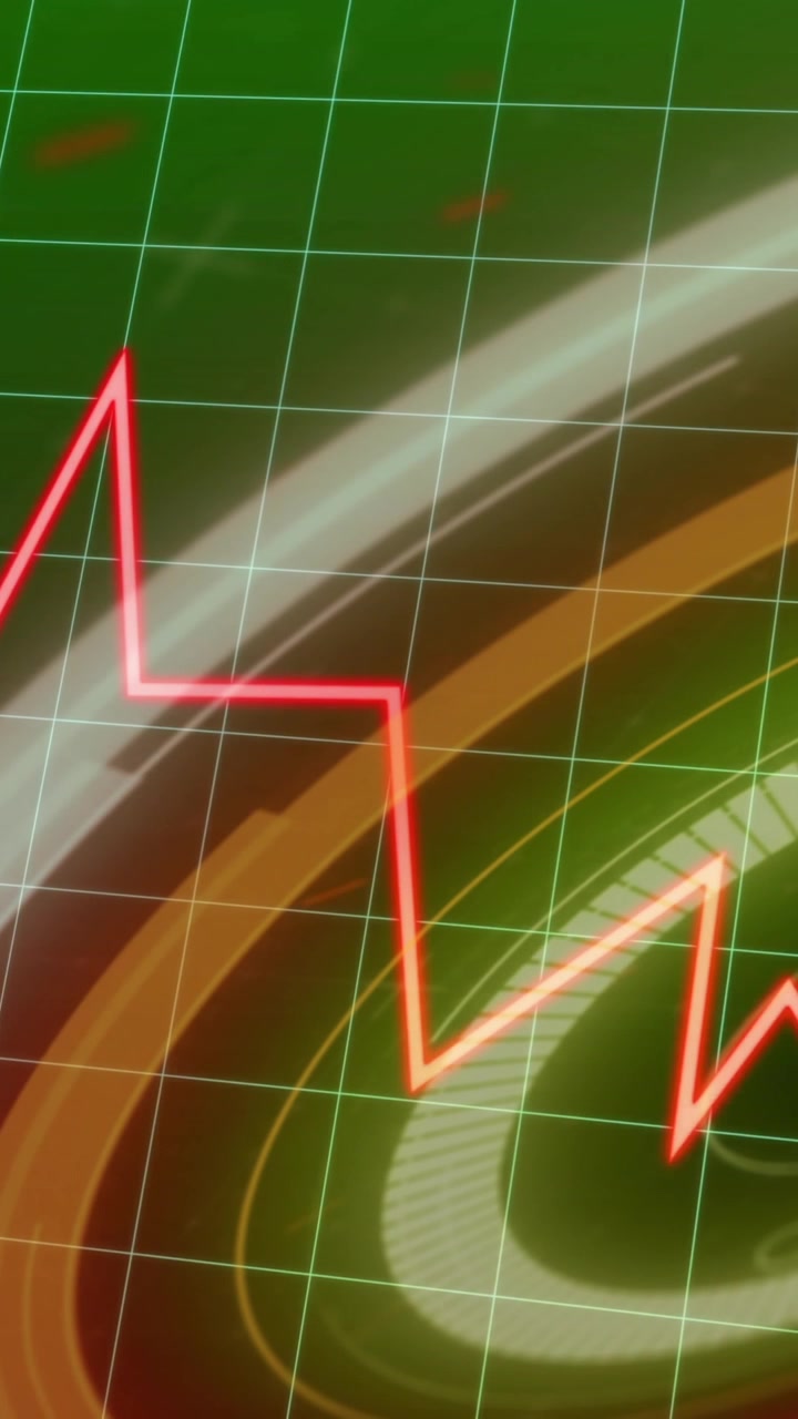 Red fluctuating line graph over digital currency symbol with green grid background