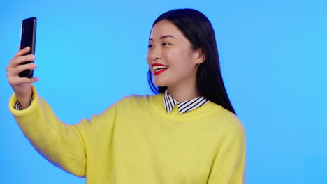 asian woman, selfie and peace sign for social