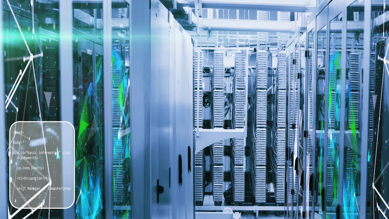 Animation of interface with data processing and plexus networks against computer server room