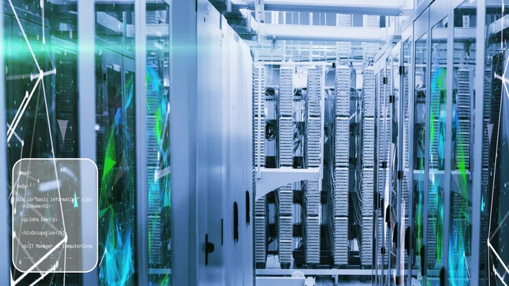 Animation of interface with data processing and plexus networks against computer server room