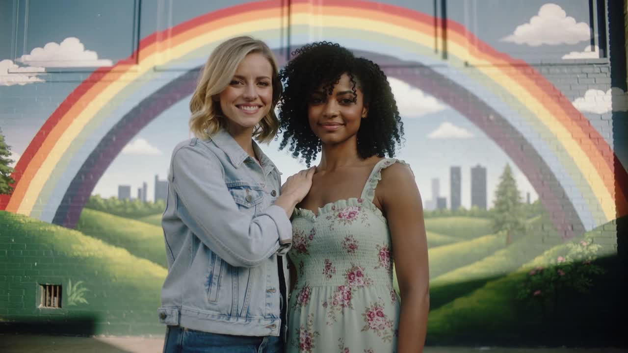Camera zooming in, two women posing close, left hand resting, smiles shifting for posed portrait