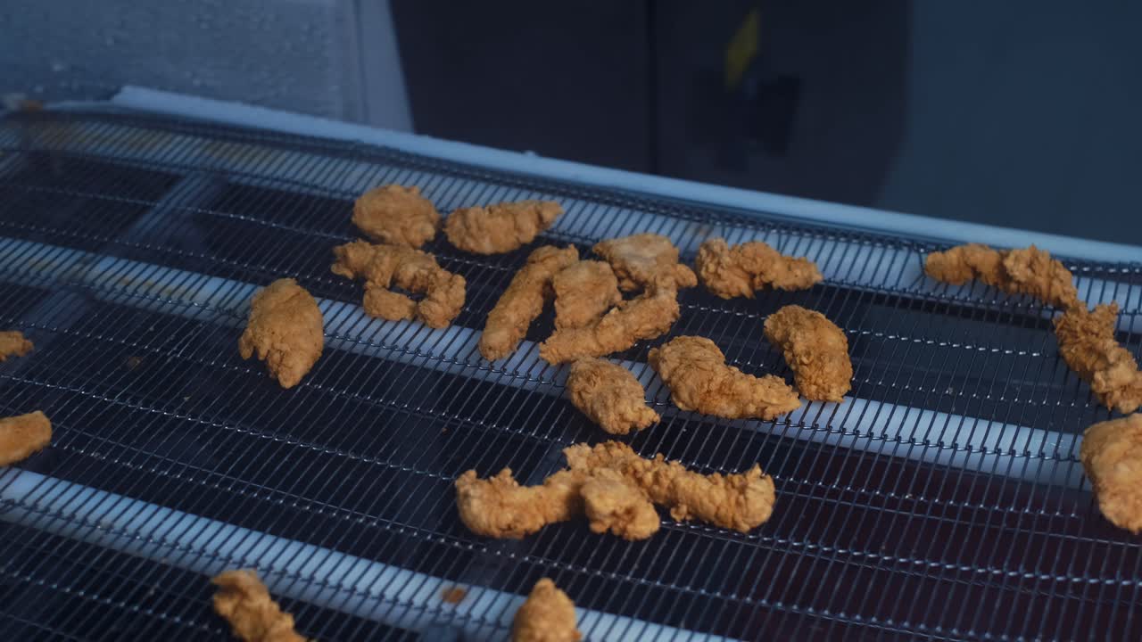 공장에서 치킨 스트립, 너겟 및 필레 생산, 빵가루 입히기