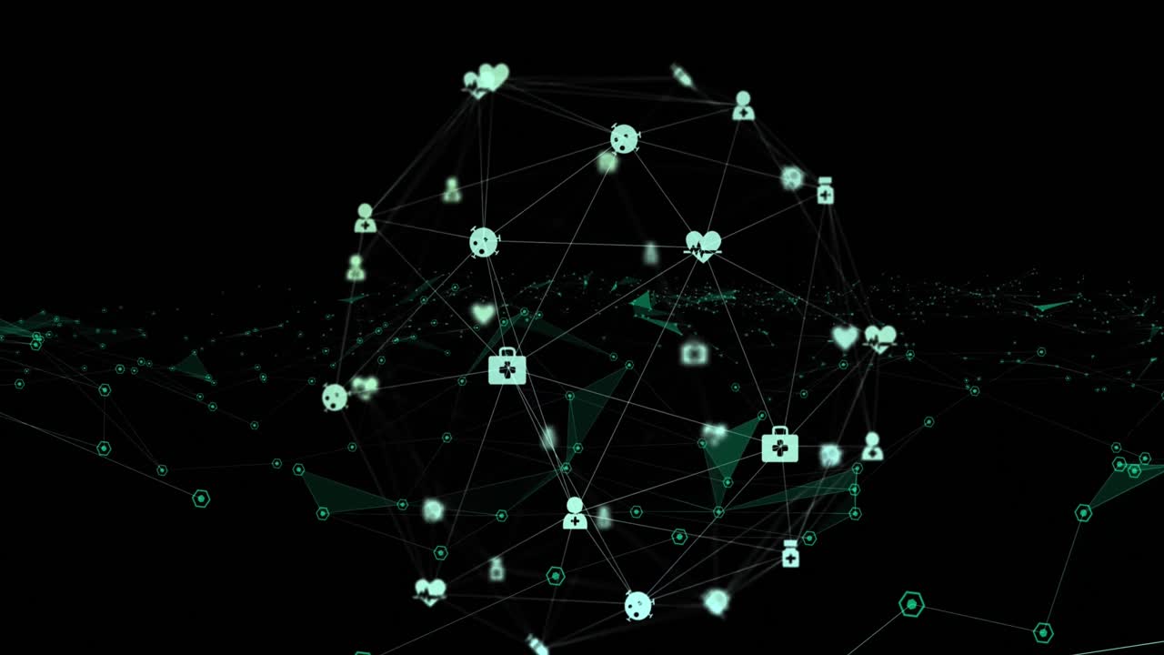 Animazione di rete di connessioni con icone su sfondo nero