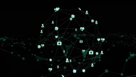 Animation-of-network-of-connections-with-icons-on-black-background