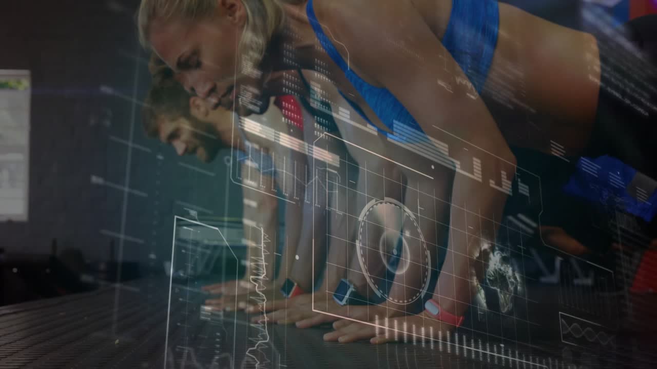 Wrist tracker sending fitness data, woman holding plank and cycling pushups in gym, HUD updating