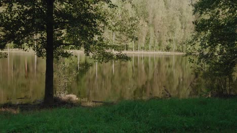 Kypesjön-Lake-In-Borås-Sweden,-Late-Summer-Afternoon-With-People-On-The-Other-Side---Wide-Shot-Tracking-Forward-Slowly