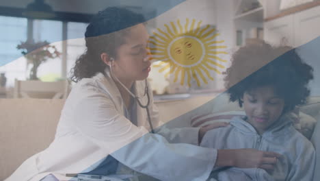 animación de la bandera de argentina con una mujer médico revisando a un niño paciente