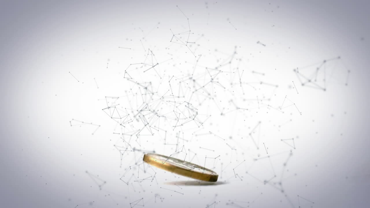 animación de una moneda cayendo sobre formas en movimiento