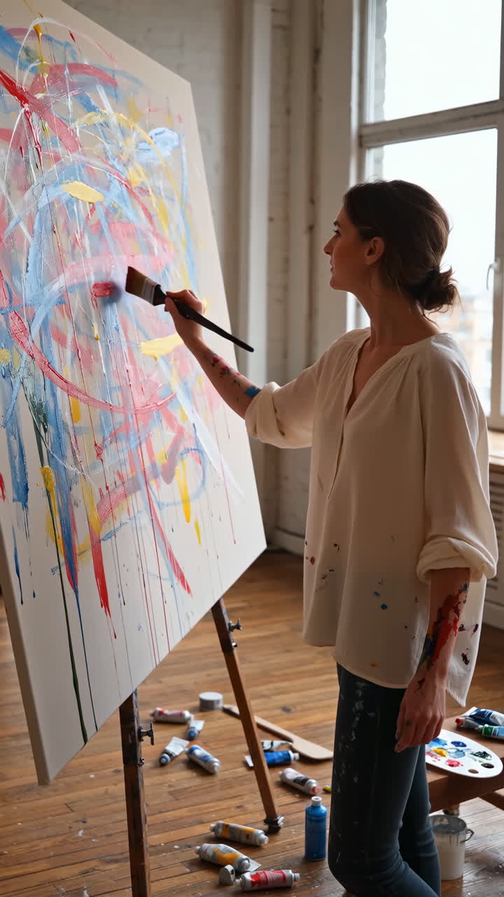 Woman Painting Abstract Art in a Bright Studio