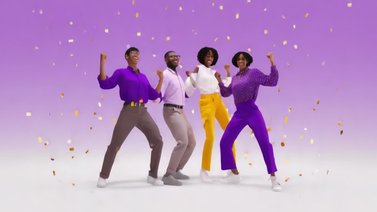 A joyful celebration of friendship and unity as four vibrant individuals express their excitement in coordinated outfits, surrounded by a shower of golden confetti against a purple backdrop