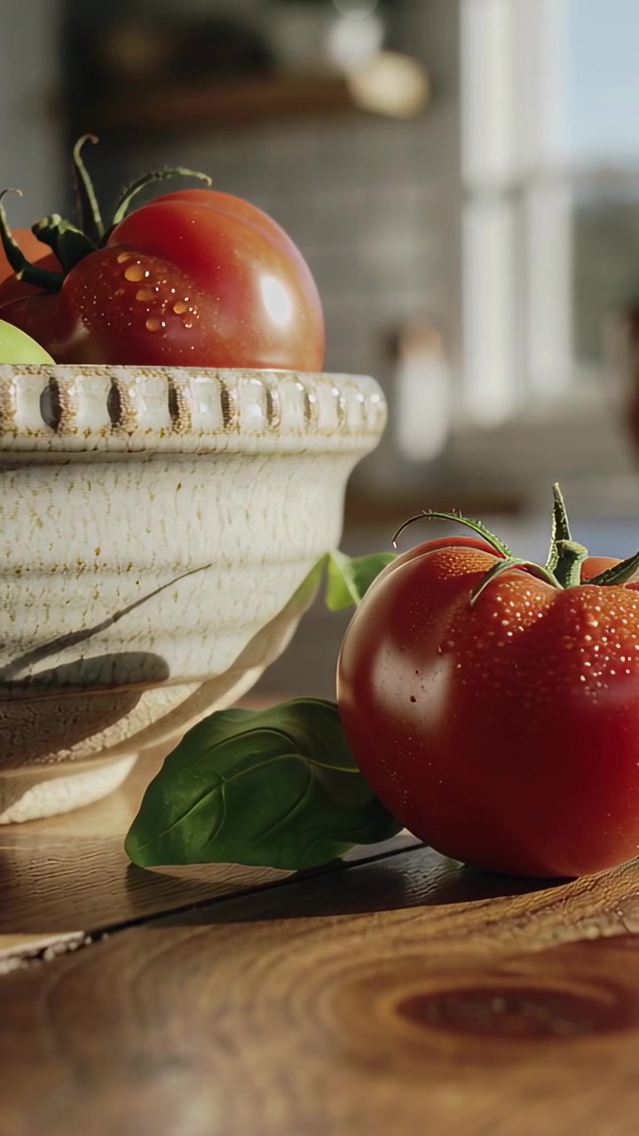 Vertical video: Tracking camera slowly revealing ceramic bowl of ripe tomatoes on wood table