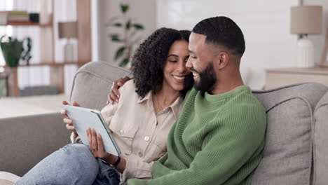 happiness, tablet and home couple talking