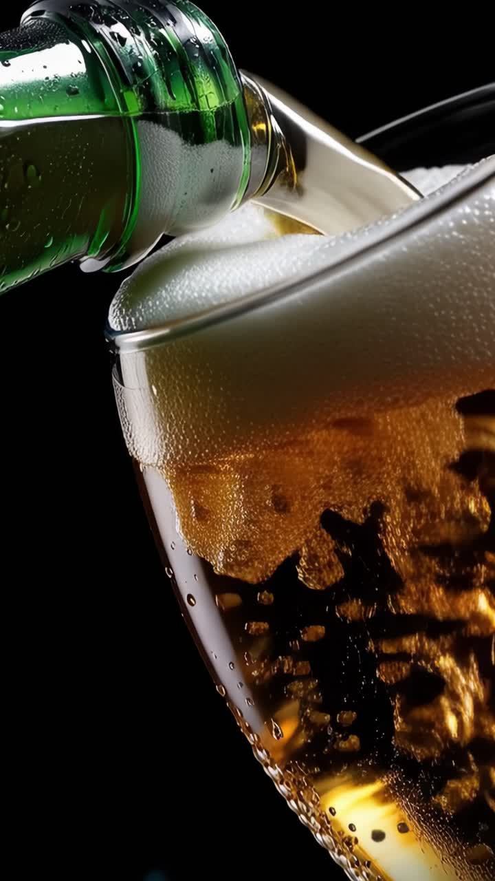 Una rinfrescante mescita di birra dorata: cattura il viaggio effervescente dalla bottiglia al bicchiere con bollicine e un aroma saporito in un'ambientazione scura.