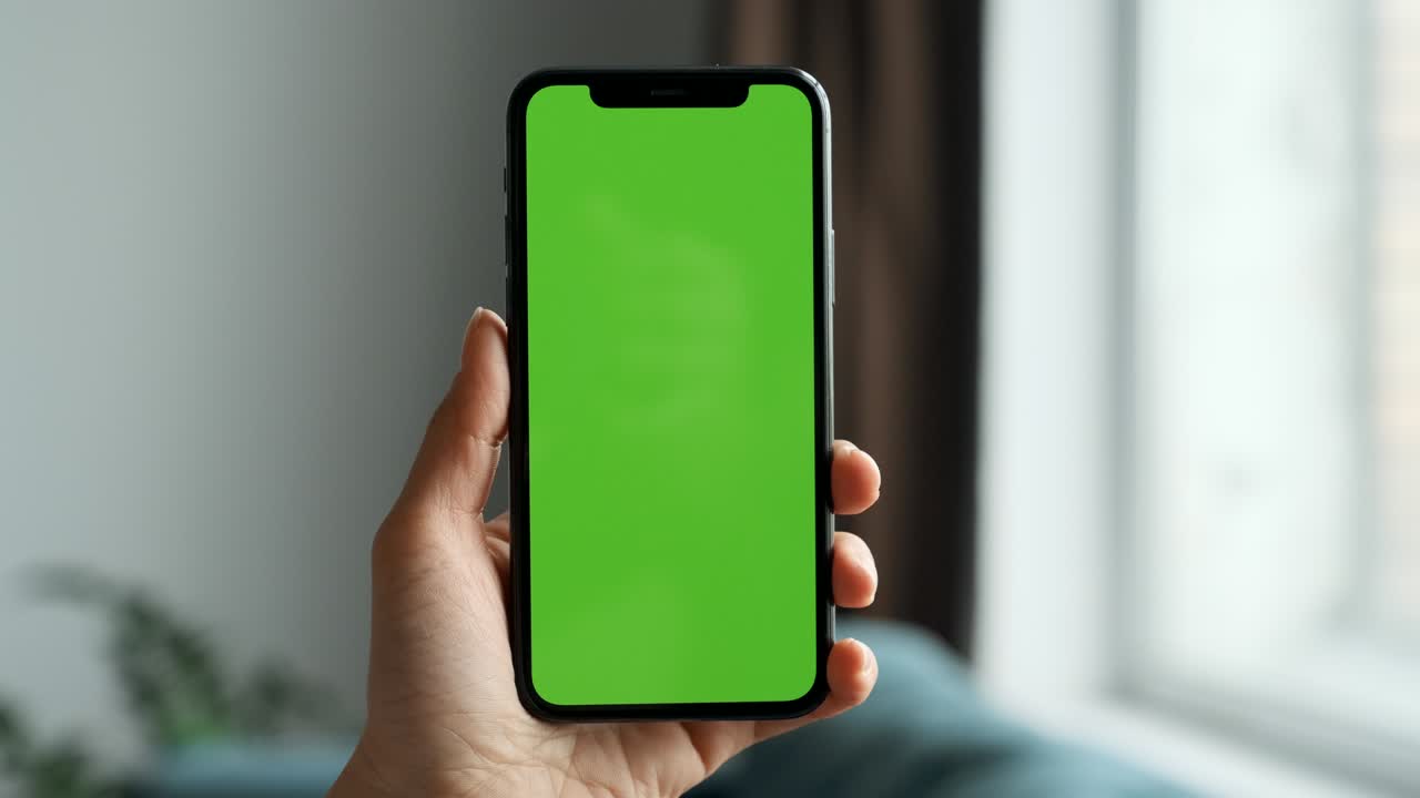 punto de vista cercano de la mujer en el teléfono con pantalla verde para el espacio de copia. chromakey dama viendo noticias de video en el sofá.
