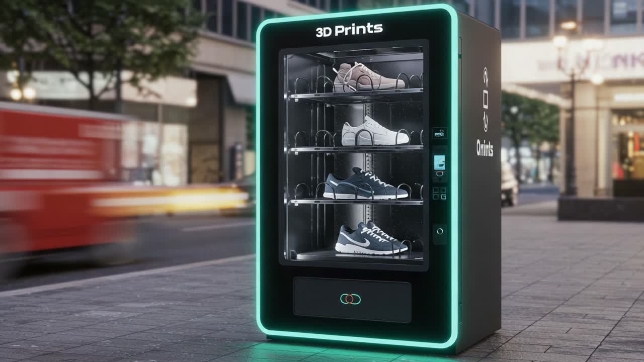 Innovative 3D Printed Shoe Vending Machine Showcasing a Variety of Footwear in a Modern Urban Setting, Revolutionizing the Way Shoes are Purchased and Displayed
