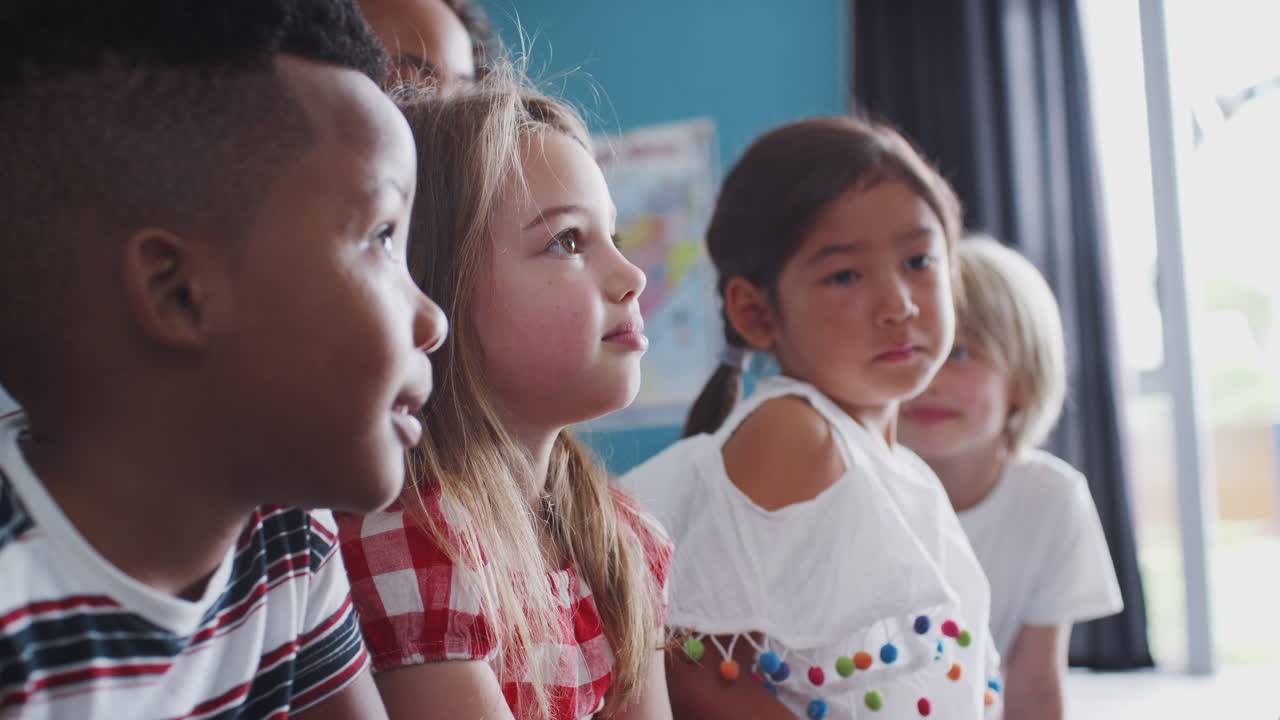 Group Of Elementary School Pupils Sitting On Floor Listening To Teacher