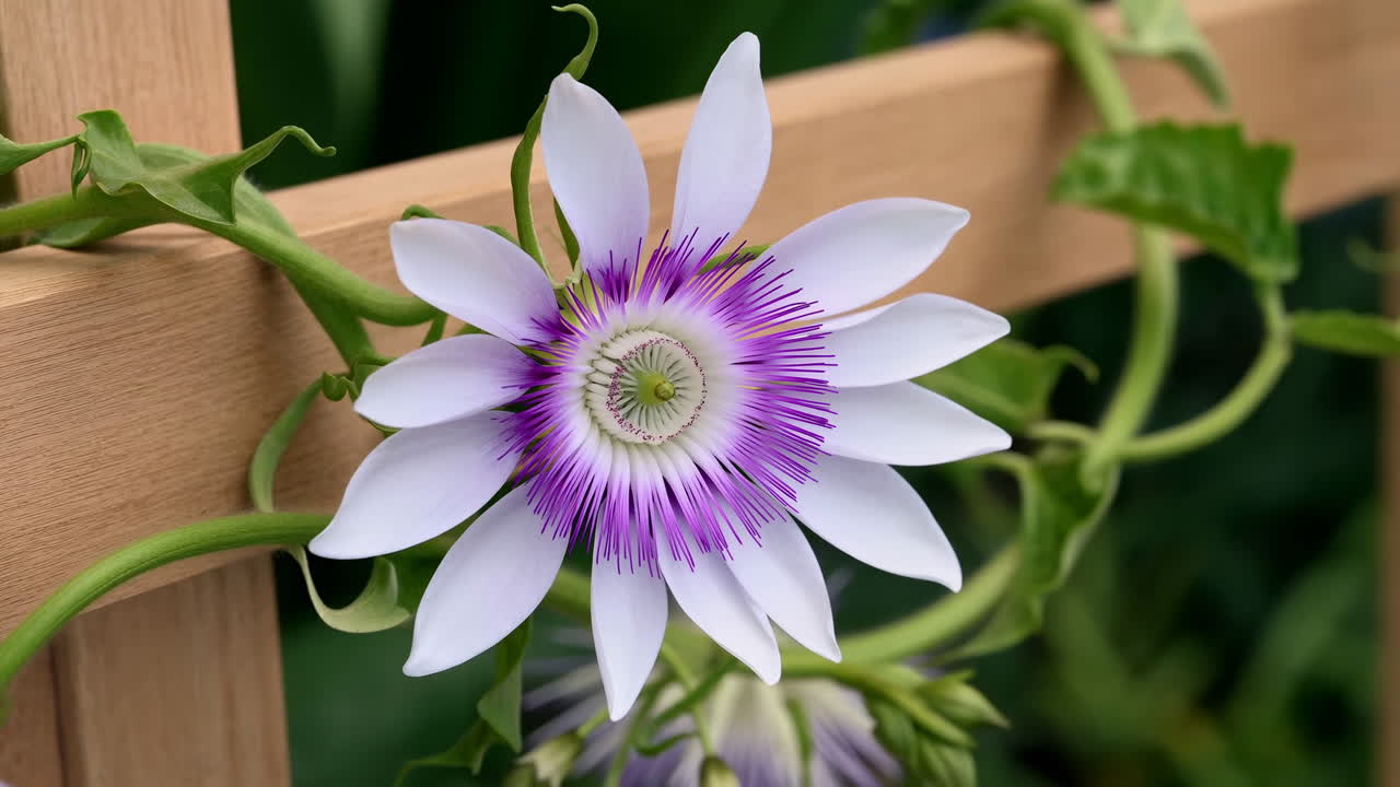 Primo piano di un fiore della passione viola e bianco su un traliccio, con la vite che si avvolge intorno a un graticcio di legno, alla luce soffusa del mattino