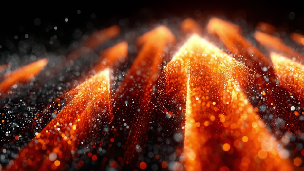 Abstract animation showing a group of glowing orange arrows formed by shimmering particles, moving upwards on a dark background, representing concepts like growth, success, and progress