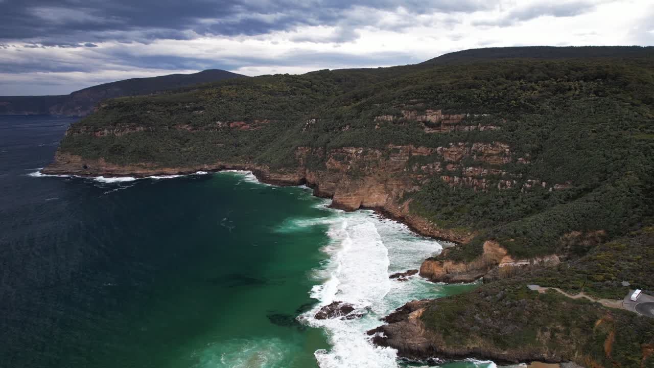 Aerial View Over Seascape, Remarkable Cave, Penguin Rocks In Port Arthur, Tasmania, Australia - Drone Shot