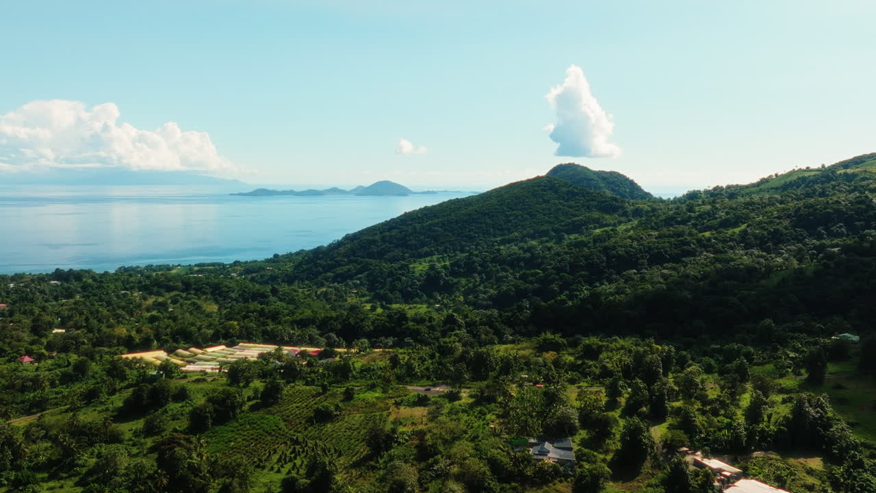 Drone performs a panning movement over one of Guadeloupe’s islands, showing fields, tropical vegetation, scattered houses, and the blue sea under a bright sky