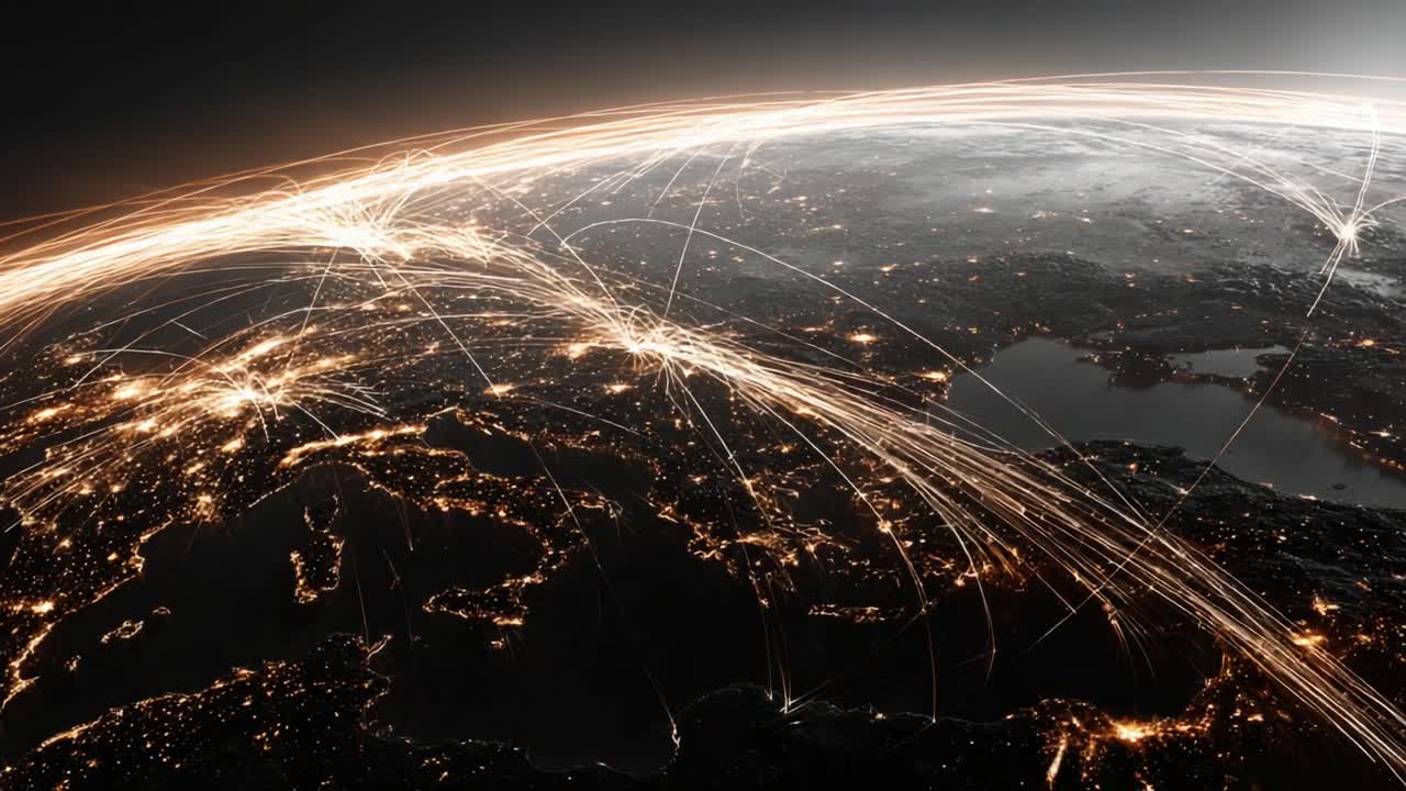 A Stunning Perspective of Earth at Night: Illuminated Cities Connected by Data Flowing Through Networks, Showcasing the Global Digital Landscape and Interconnectivity
