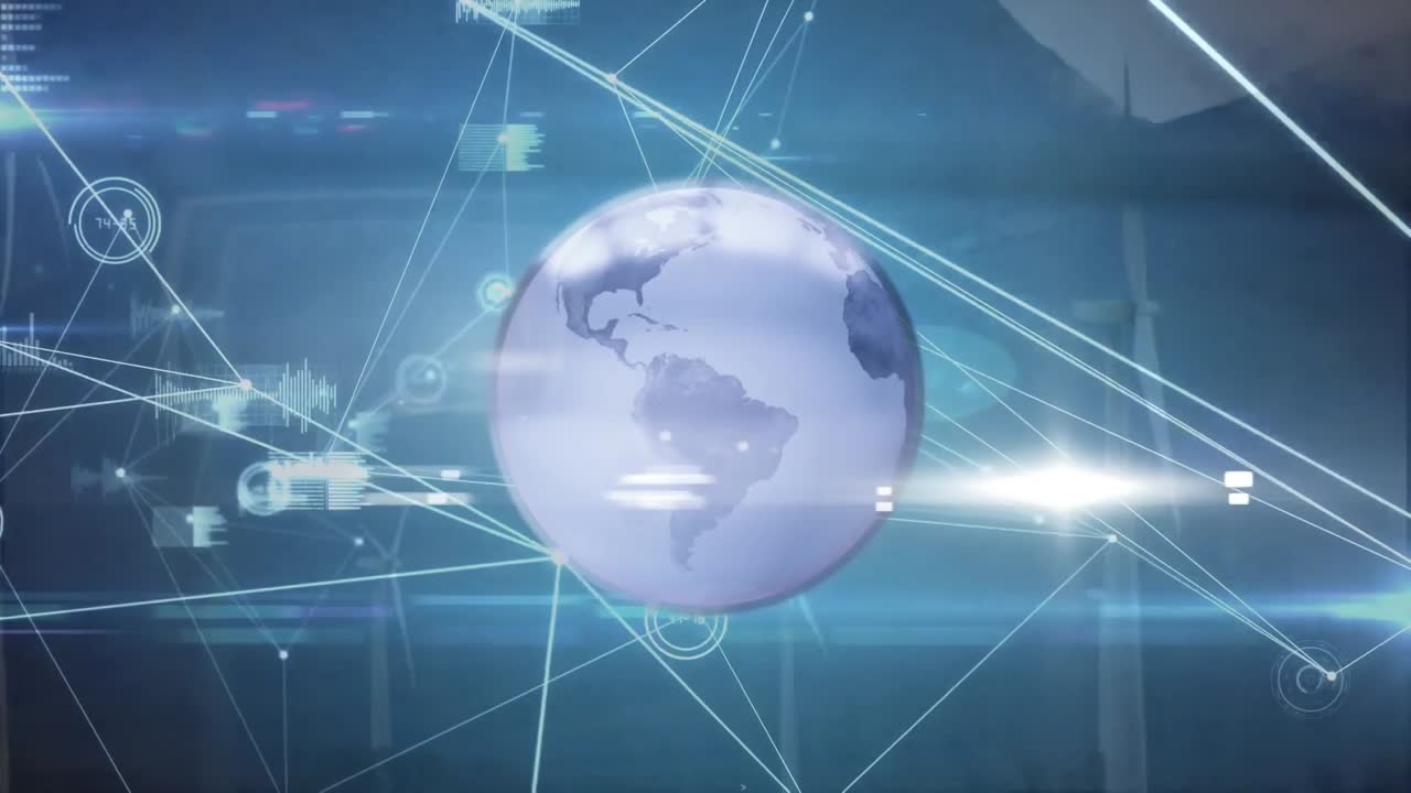 Animation of lights, connections and globe over wind turbines