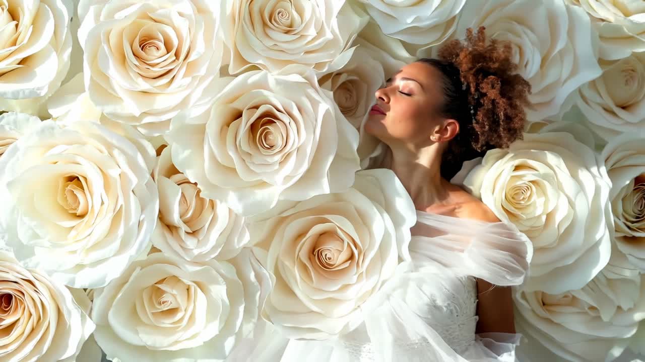 Una donna in un vestito bianco circondata da rose bianche
