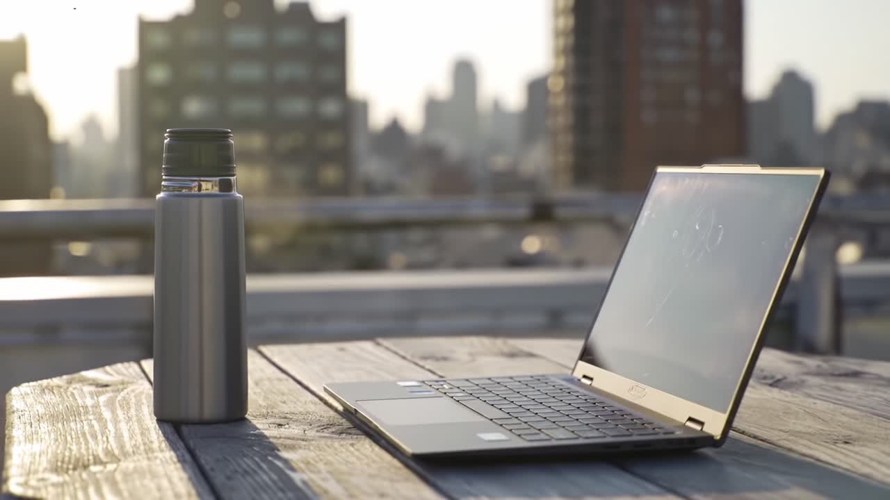 A Serene Work Setting: A Portable Laptop and Water Bottle on a Rooftop with a Cityscape in the Background During Sunset, Inspiring Productivity and Calmness