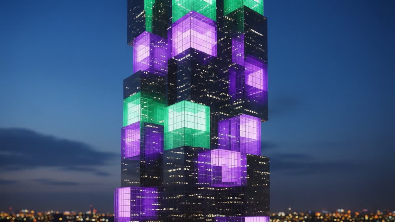 Illuminated Tower Mixing Futuristic Design and Colorful Lighting: A Stunning Comparison of Daytime and Nighttime Aesthetics in a Modern Architectural Marvel