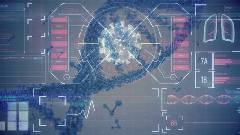 animación de una computadora que muestra una célula macro de coronavirus covid-19 analizada y adn
