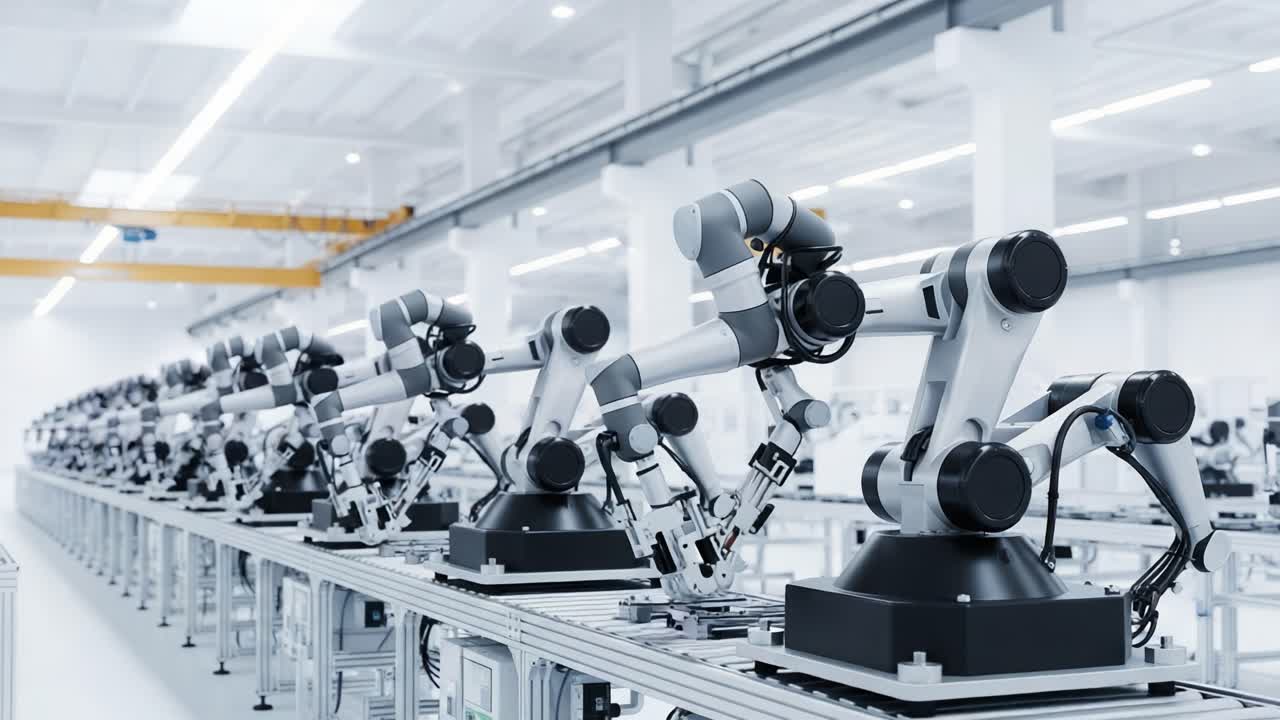 A Modern Production Line Showcasing Advanced Robotic Arms Strategically Placed for Optimized Efficiency and Automation in a High-Tech Manufacturing Environment