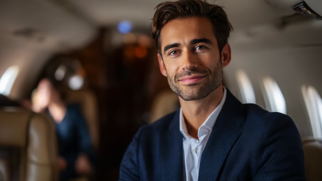 Capturing Confidence and Charisma: A Stylish Man Exuding Professionalism and Elegance Within a Private Jet Interior, Perfectly Dressed for the Occasion in a Luxurious Setting