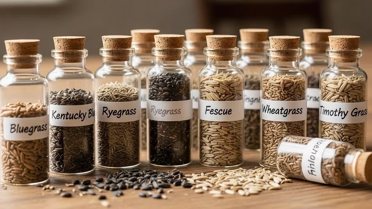A Vibrant Display of Grass Seeds in Glass Jars: Exploring the Rich Variety of Grasses in Controlled Environments for Gardening and Landscaping