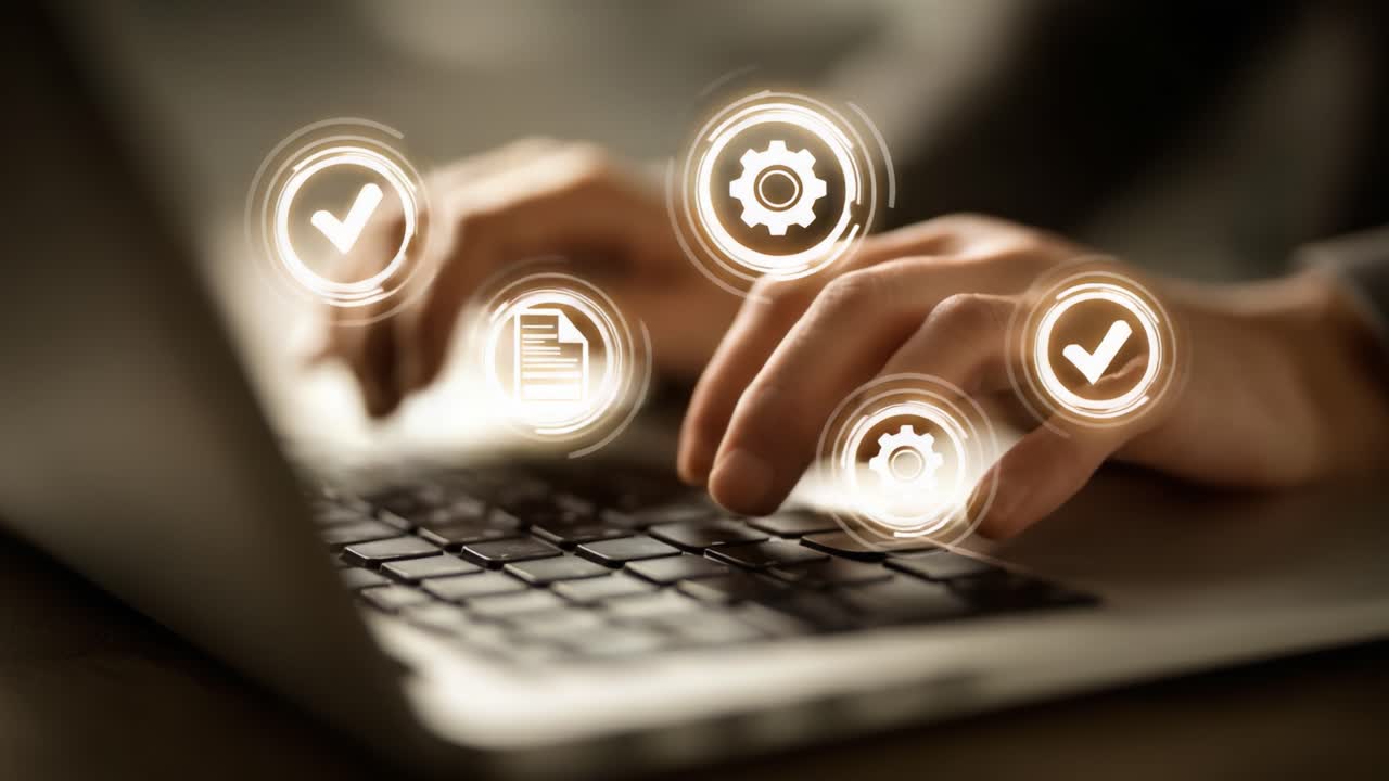 Engaging with Modern Technology: A Close-Up of Hands Typing on a Laptop with Iconography Representing Digital Tools and Efficiency in the Background