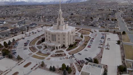 aerial view of imposing mormon temple in utah