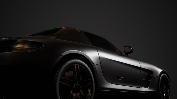 auto sportiva di lusso in uno studio buio con luci brillanti