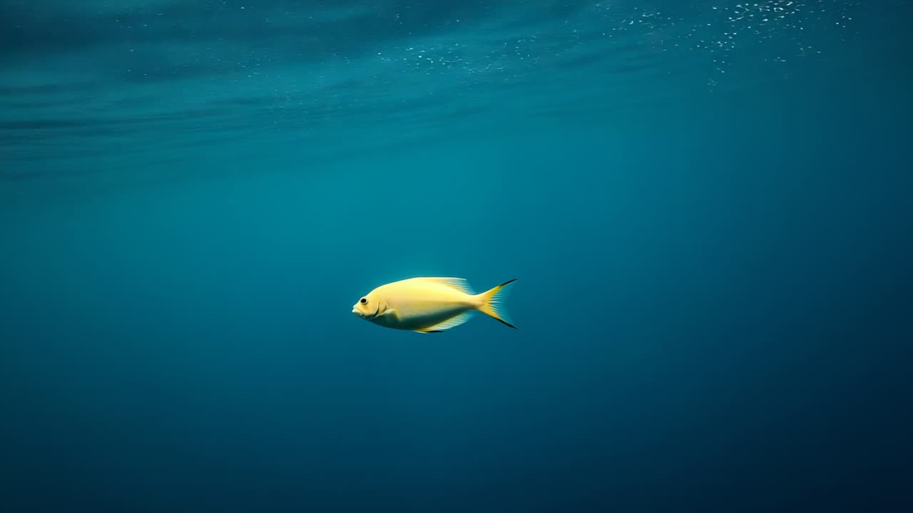 Tail flicking yellow fish gliding rightward and rising toward camera in midwater, with bubbles