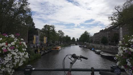 scenic view from amsterdam bridge of canal, flowers, and historic city architecture