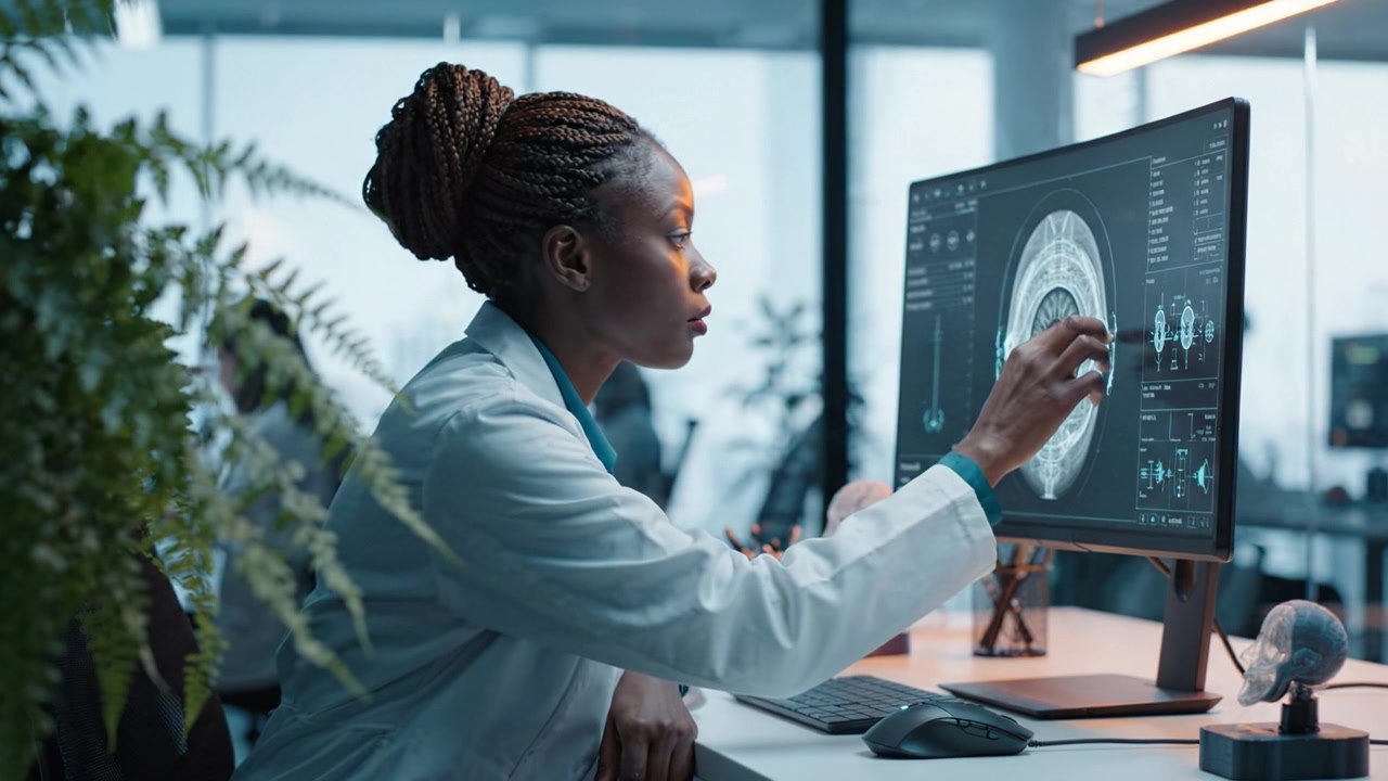 Focused Scientist Analyzing High-Tech Medical Imaging Data in a Modern Laboratory Setting, Showcasing Advanced Technology and Professional Expertise.