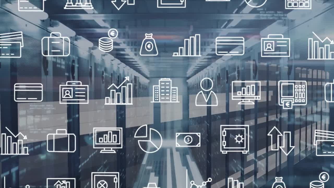 animación de iconos de negocios sobre la sala del servidor