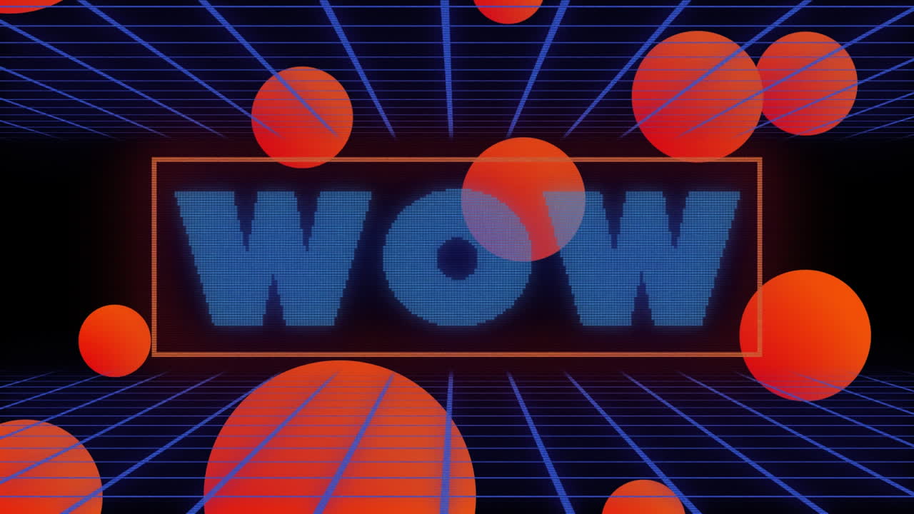 게임 텍스트와 함께 최면 루프에서 오렌지색 공과 노란색 점의 디지털 비디오.